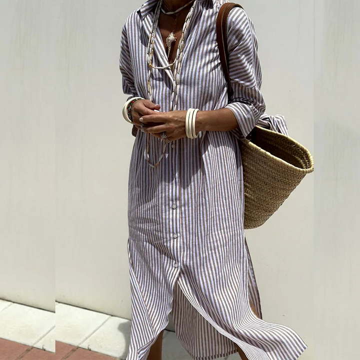 Elle™ - Elegant Striped Shirt Dress